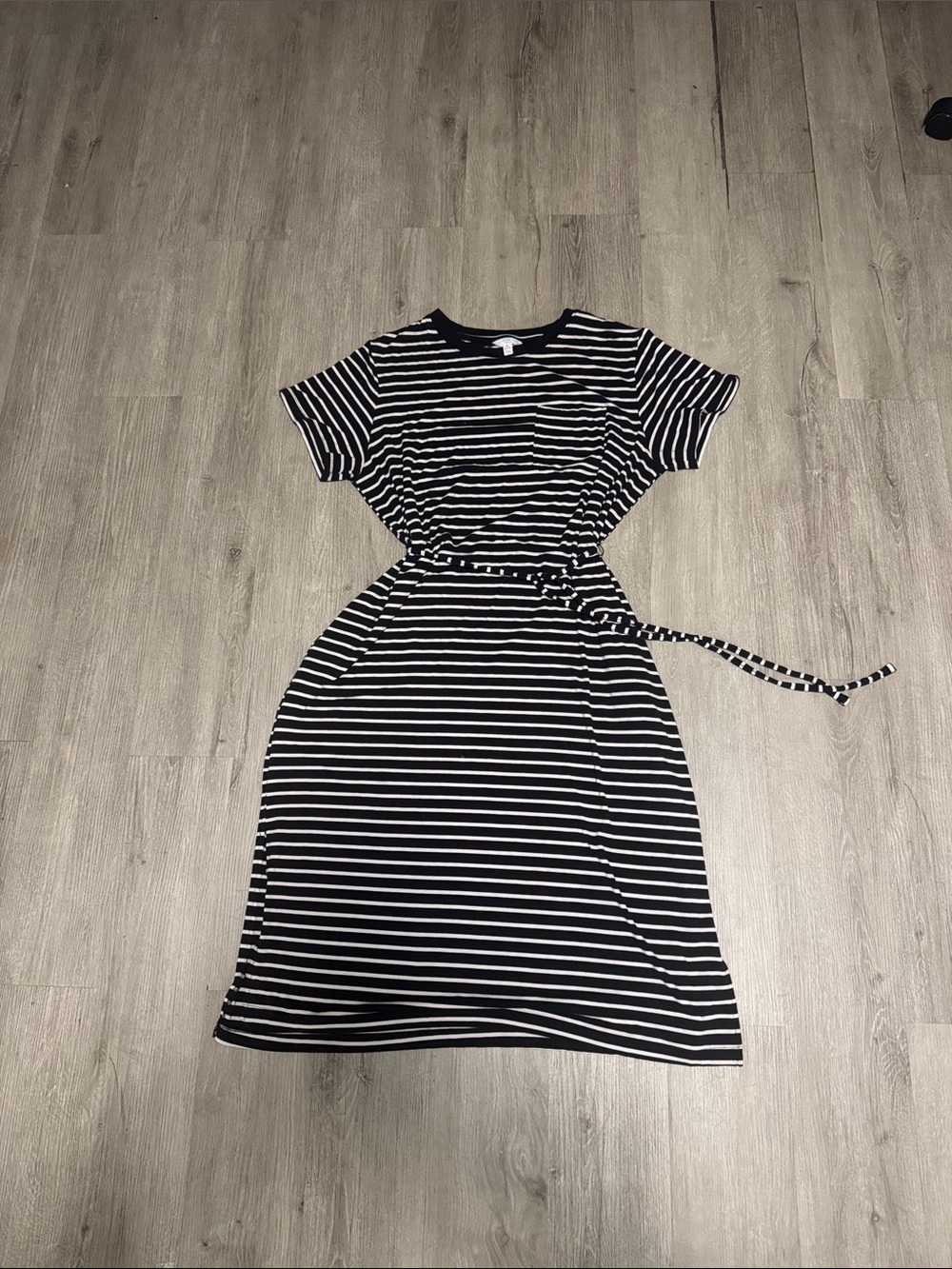 Time and Tru Black and White Striped Belted Midi Dress